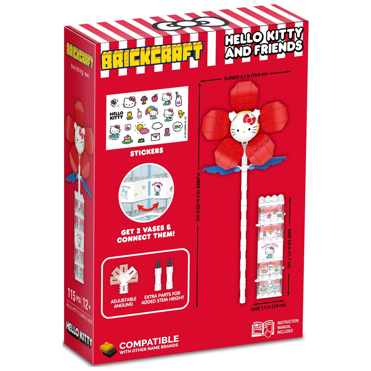 Brickcraft Hello Kitty Flower & Vase Building Kit (115 Plastic Pieces), Sanrio Hello Kitty Collection, Floral Decoration & Modular Vase Bouquet, Cute Home Décor