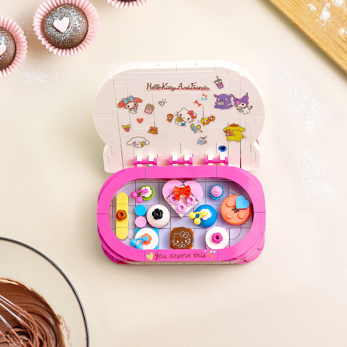 Brickcraft Hello Kitty Dessert Box Building Kit (184-Piece Set), Sanrio Buildable Sweets Set with Chocolate Bow Lid, Decorative Stickers, Ages 12+