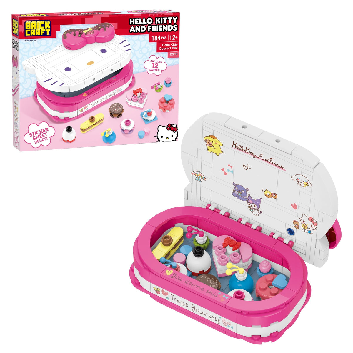 Brickcraft Hello Kitty Dessert Box Building Kit (184-Piece Set), Sanrio Buildable Sweets Set with Chocolate Bow Lid, Decorative Stickers, Ages 12+